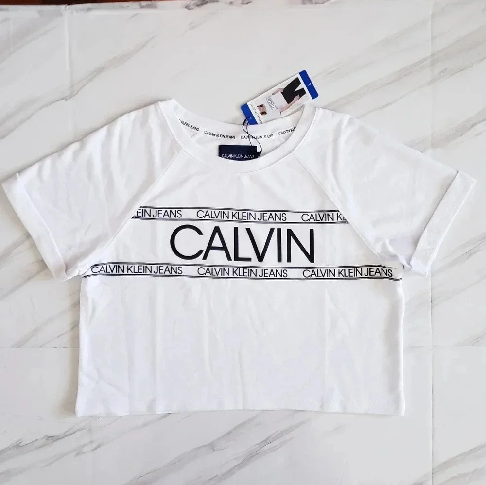 Calvin Klein Cropped Top French Terry White Short Sleeve Size XXL Cotton Blend